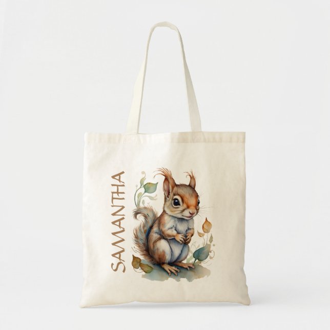 Girls Cute Squirrel Watercolor Personalised Art Tote Bag (Front)