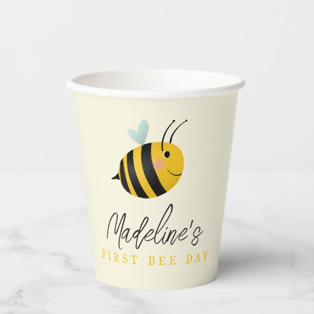 Girls Cute Summer First Bee Day 1st Birthday Paper Cups (Front)