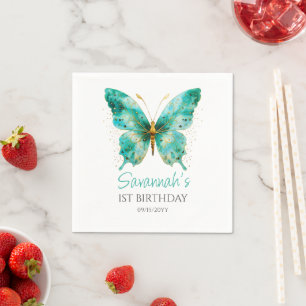 Girls Cute Teal Green Butterfly 1st Birthday Party Napkin