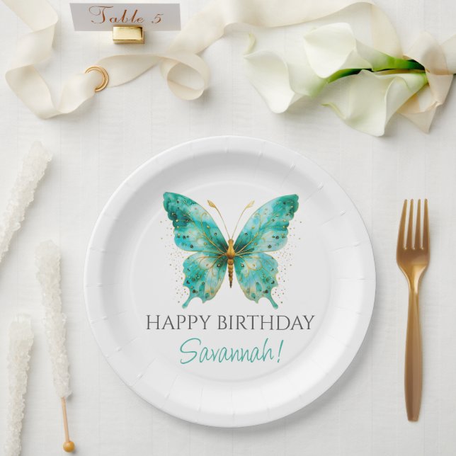 Girls Cute Teal Green Butterfly 1st Birthday Party Paper Plate (Wedding)
