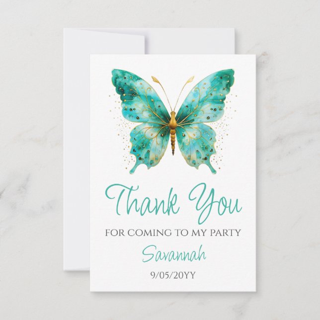 Girls Cute Teal Green Butterfly 1st Birthday Party Thank You Card (Front)
