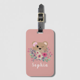 Girls Cute Teddy Bear Blush Pink Name Kids Luggage Tag