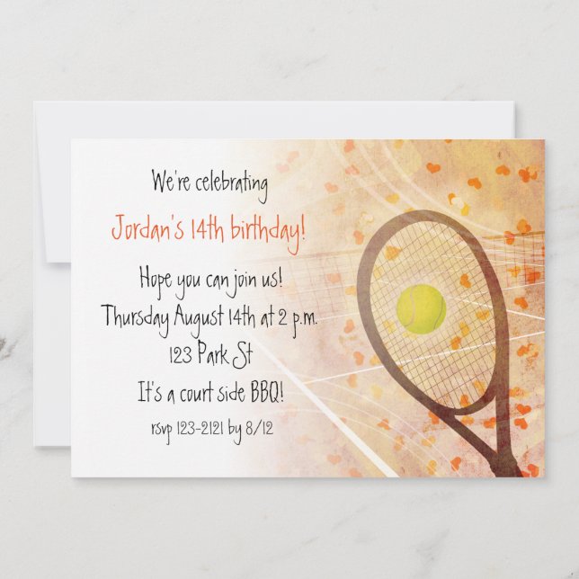 Girl's cute tennis birthday party invitation (Back)