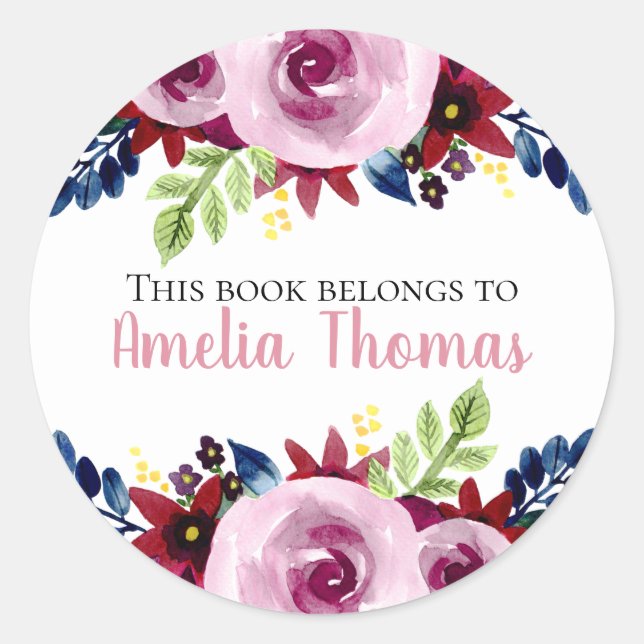 Girls Cute 'This Book Belongs' Floral Bookplate Classic Round Sticker (Front)