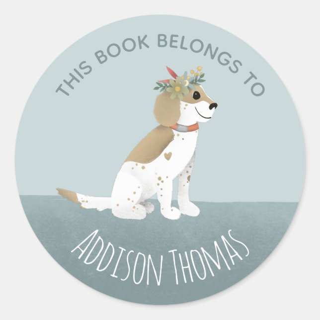 Girls Cute 'This Book Belongs' Puppy & Name Kids Classic Round Sticker (Front)