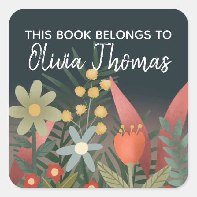 Girls Cute “This Book” Flowers Kids Bookplate Square Sticker (Front)