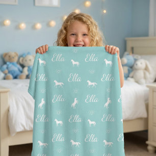 Girls Cute Turquoise Personalised Name Horse Fleece Blanket