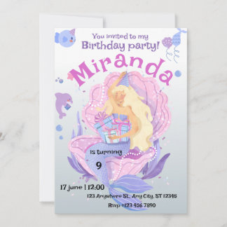 Girls Cute Under the Sea Mermaid 6th Birthday  Invitation