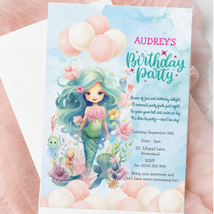 Girls Cute Under the Sea Mermaid Birthday Invite