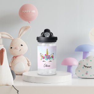 Girls Cute Unicorn And Watercolor Rainbow Custom Water Bottle