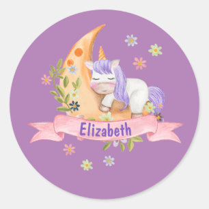 Girls Cute Unicorn Flowers Personalised name Kids Classic Round Sticker