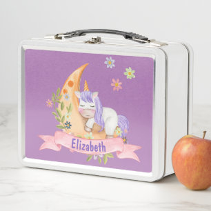 Girls Cute Unicorn Flowers Personalised name Kids  Metal Lunch Box