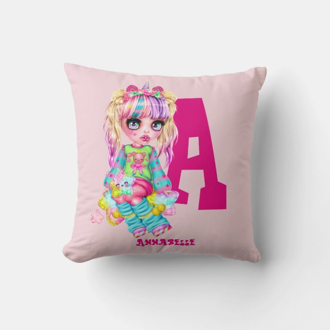 Girls Cute Unicorn Personalised Named Monogram Cushion (Front)