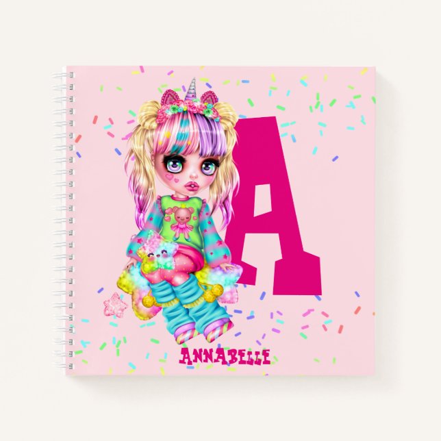 Girls Cute Unicorn Personalised Named Monogram Notebook (Front)