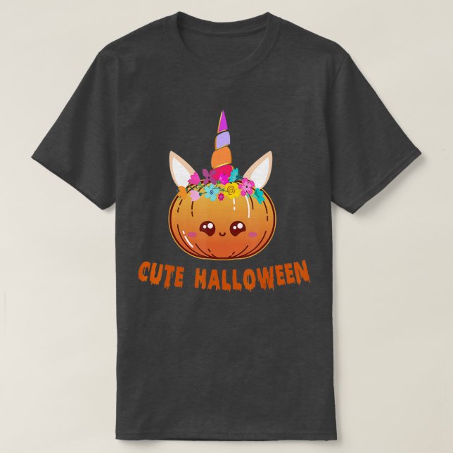 Girls Cute Unicorn Pumpkin Halloween Thanksgiving  T-Shirt (Design Front)