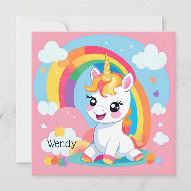 Girl's Cute Unicorn Rainbow Custom Name Invitation (Front)