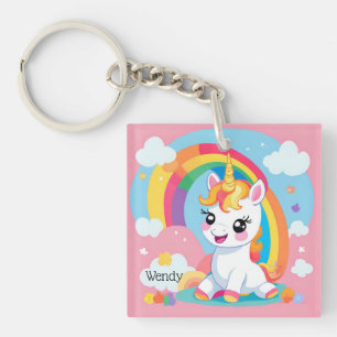 Girl's Cute Unicorn Rainbow Custom Name Key Ring