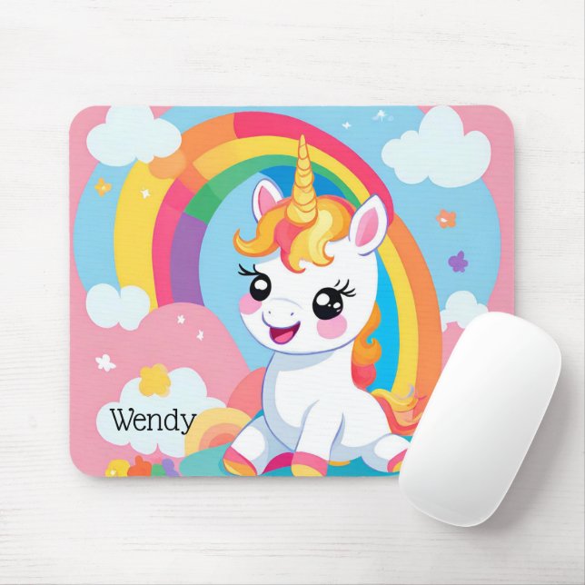 Girl's Cute Unicorn Rainbow Custom Name Mouse Pad (With Mouse)