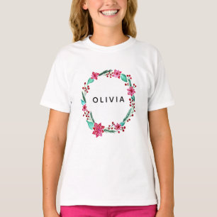 Girls Cute Watercolor Flower Wreath and Name T-Shirt