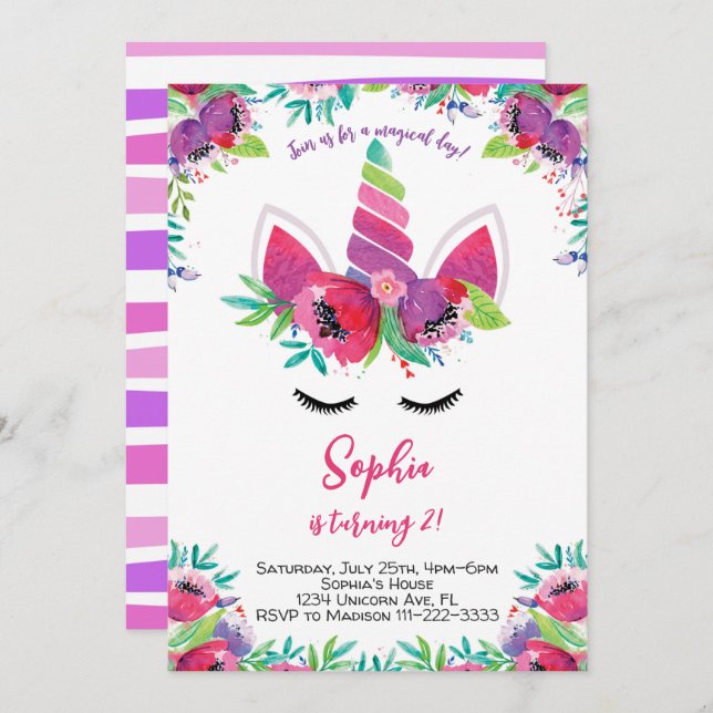 Girls Cute Watercolor Unicorn Birthday Invitation (Front/Back)