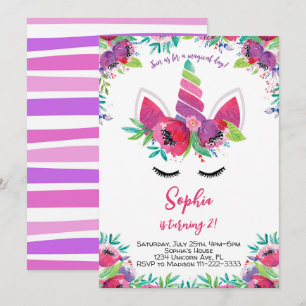 Girls Cute Watercolor Unicorn Birthday Invitation