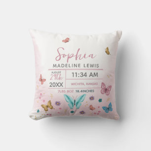 Girls Cute Whimsical Pink Butterfly Birth Stats Cushion