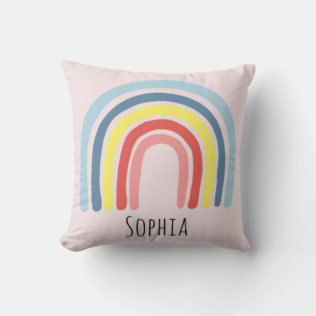 Girls Cute Whimsical Rainbow Cartoon and Name Kids Cushion (Front)