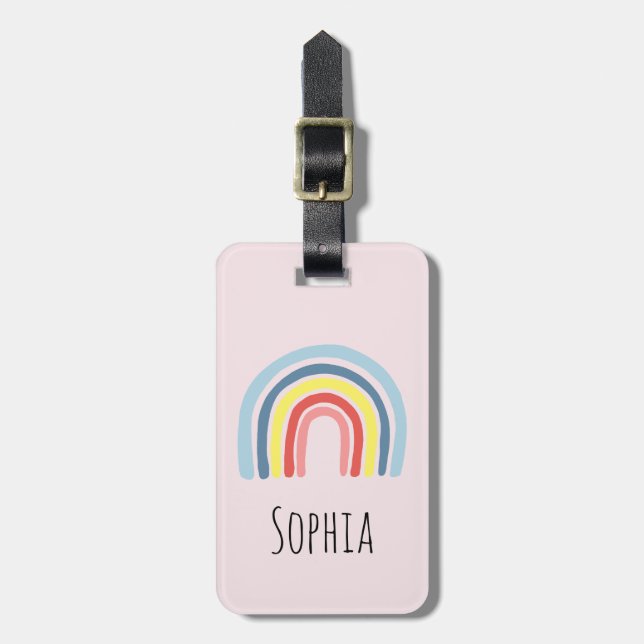Girls Cute Whimsical Rainbow Cartoon and Name Kids Luggage Tag (Front Vertical)