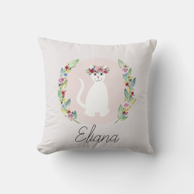 Girls Cute White Cat with Flowers and Name Cushion (Front)