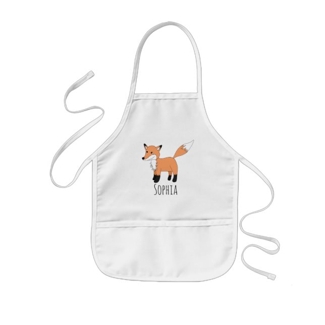 Girls Cute Woodland Fox Cartoon and Name Kids Apron (Front)
