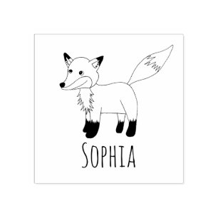 Girls Cute Woodland Fox & Name School Bookplate Rubber Stamp