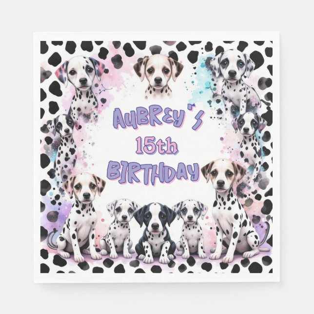 Girl's Dalmatian Puppy Pastel Purple Birthday Napkin (Front)