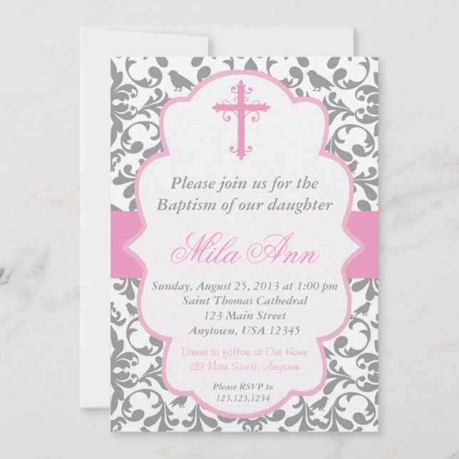 Girls Damask Baptism Pink and Grey Invitation (Front)