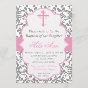 Girls Damask Baptism Pink and Grey Invitation
