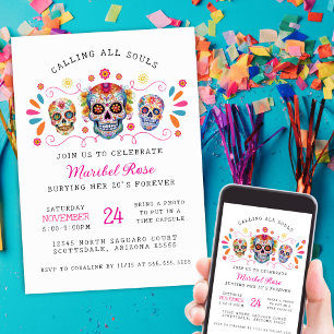 Girls Dia de los Muertos Skull Birthday Party Invitation