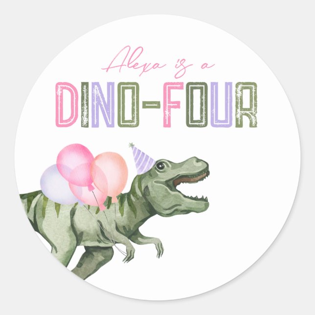 Girl's Dino-Four Party Stickers  (Front)