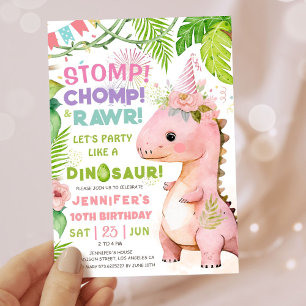 Girls Dinosaur 10th Birthday Party Cute Pink Dino Invitation