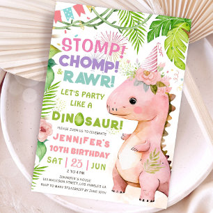 Girls Dinosaur 10th Birthday Party Cute Pink Dino Invitation