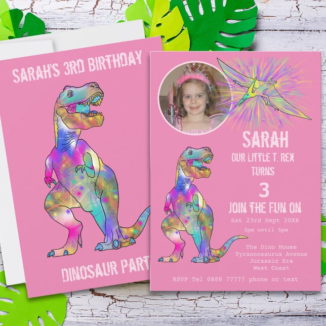 Girls Dinosaur 3rd Birthday Party Custom Photo Invitation (Girls dinosaur 3rd birthday party invitation with custom photo template. Colorful dino watercolor)