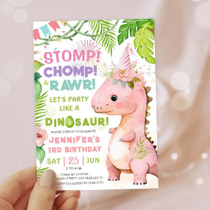 Girls Dinosaur 3rd Birthday Party Cute Pink Dino Invitation