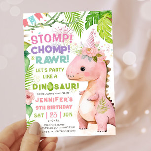 Girls Dinosaur 9th Birthday Party Cute Pink Dino Invitation
