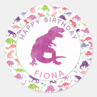Girls Dinosaur Birthday Party Personalised Purple Classic Round Sticker