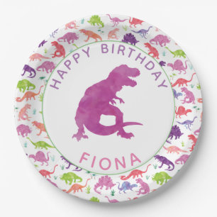 Girls Dinosaur Birthday Party Personalised Purple Paper Plate