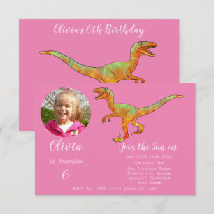 Girls Dinosaur Birthday Velociraptor Party Pink  Invitation