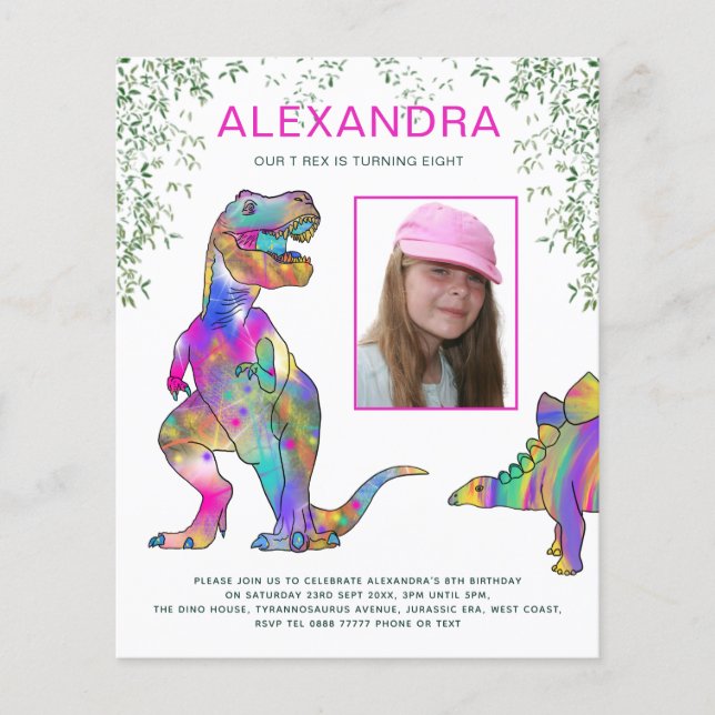 Girls Dinosaur Budget Birthday Party Invite Pink Flyer (Front)