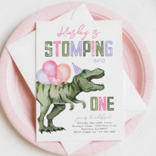 Girl's Dinosaur First Birthday Invitation
