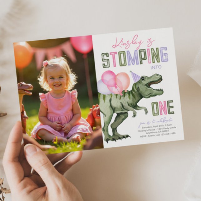 Girl's Dinosaur First Birthday Invitation (Creator Uploaded)