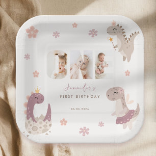 Girls Dinosaur First Birthday Photo Paper Plate