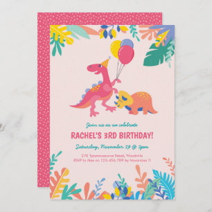 Girls Dinosaur Party Birthday Invitation - Pink