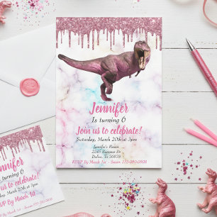 Girl's Dinosaur Pink Glitter Tyrannosaurus Invitation